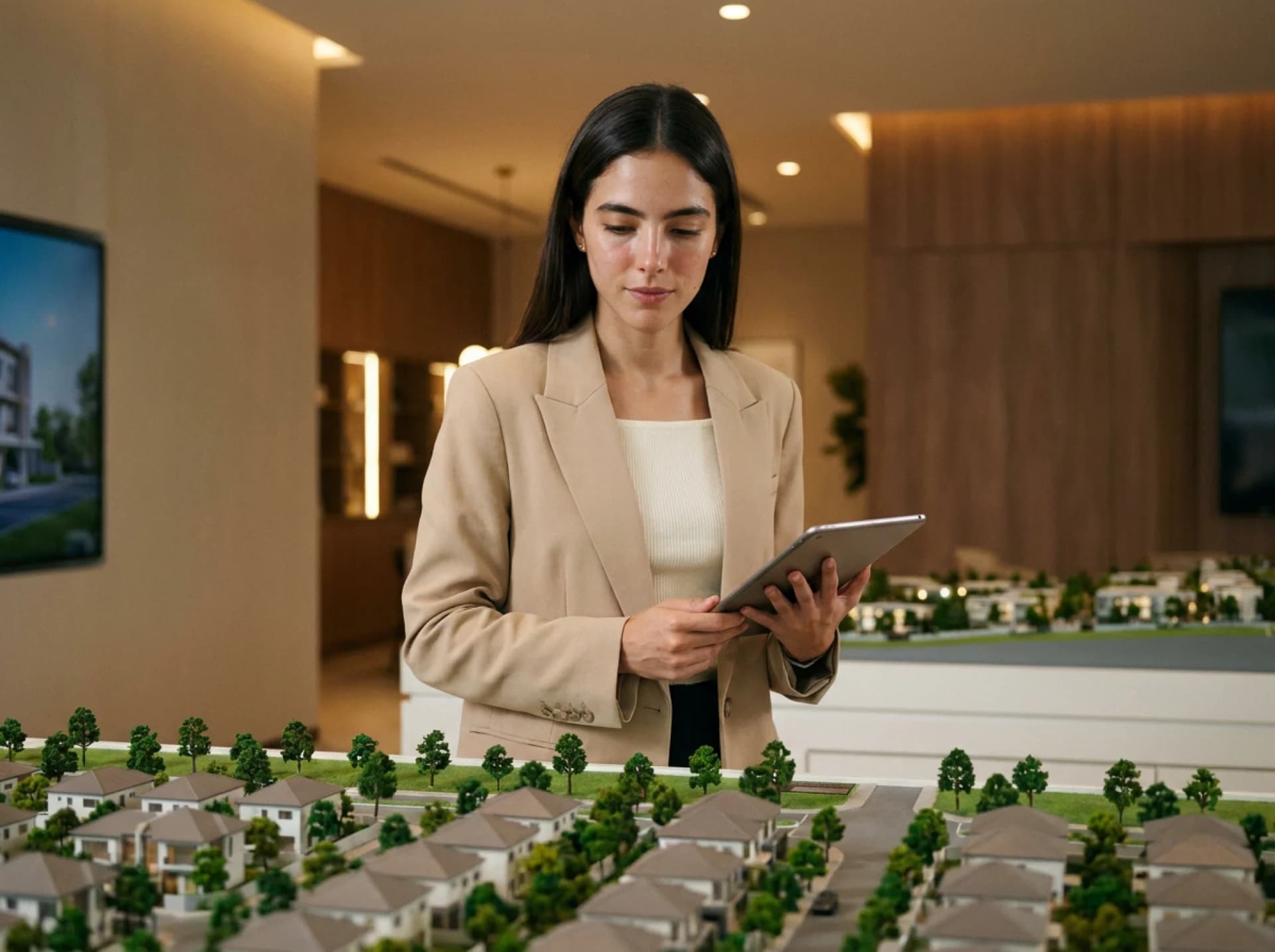 Regina Torres revisando la maqueta del desarrollo
